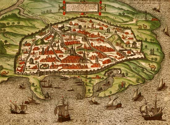 Kaart van de Egyptische havenstad Alexandri. Braun & Hogenberg, 1575.