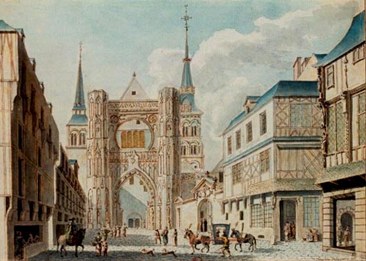 de kerk van de benedictijnerabdij St-Corneille, voor de afbraak tijdens de Franse Revolutie