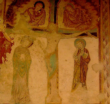 Kruisiging. Romaanse muurschildering. Saint-Jacques-des-Gurets, kerk St. Jacques
