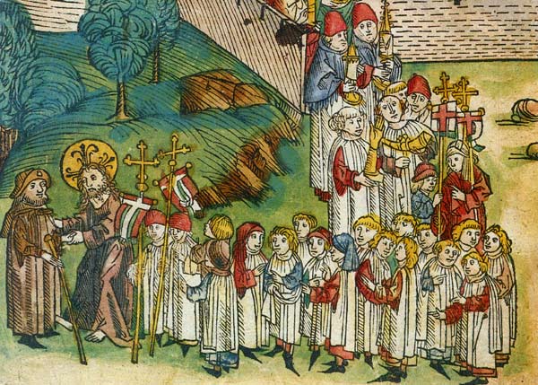 processie in pelgrimsoord. Ingekleurde houtsnede. Parijs, Bibl. Arts Dcoratifs