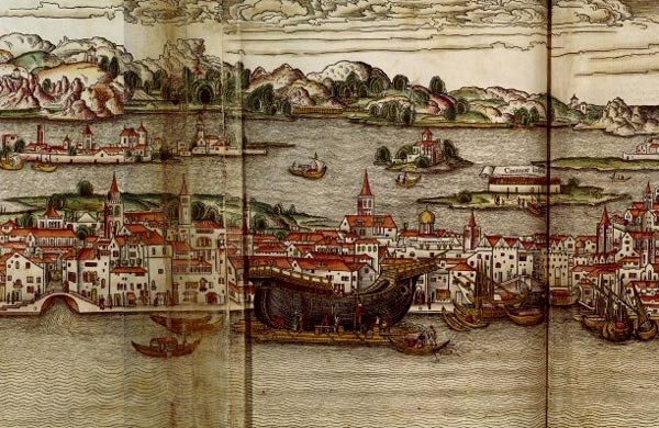 Zeilschip aan de kade in Veneti. Uit 'Peregrinatio in terram sanctam', Bernhard von Breydenbach, 1486