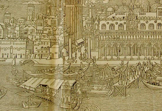 Een gezellige drukte aan de havensteiger van het San Marcoplein in Veneti. Uit 'Peregrinatio in terram sanctam', Bernhard von Breydenbach, 1486