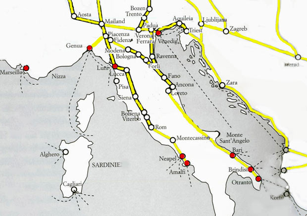 havensteden in Itali en Zuid-Frankrijk waar pelgrims voor het H. Land inscheepten