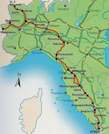 het traject van de Via Francigena in Itali