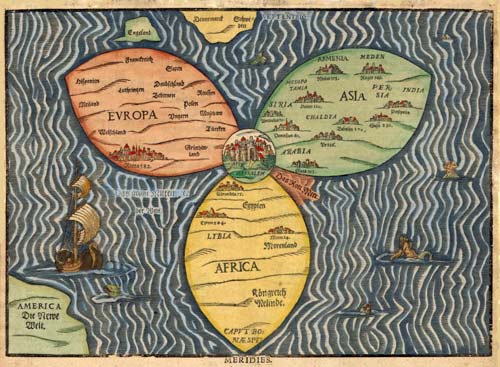 Jeruzalem, centrum van de aarde (in klaverbladvorm) en wereldzeen. Heinrich Bnting. Magdeburg, 1585
