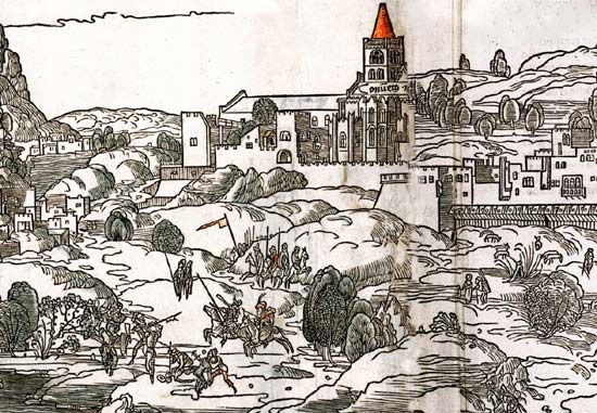 Het Franciskaner-klooster in Iraklion op Kreta was een belangrijke tussenhalte voor de overtocht van de Middellandse Zee. Houtsnede, P. Schffer, uit 'Peregrinatio in Terram Sanctam', B. von Breydenbach, 1486