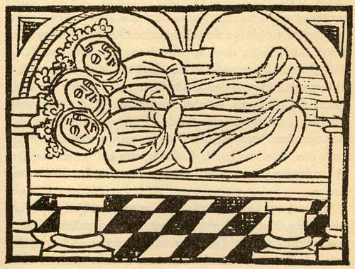 De 3 Wijzen, opgebaard na hun dood in de kerk van Seuwa. Houtsnede,<br> 1480 uit 'Die Legende von den Heiligen Drei Knigen' (J. von Hildesheim)