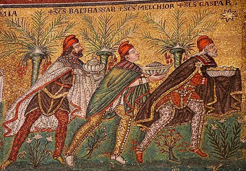 Byzantijnse voorstelling van de 3 Wijzen, begin 6de eeuw. Mozaek. Ravenna, San Apollinare Nuovo.
