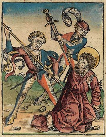 de moord op de apostel Thomas in Indi. Hartmann Schedel, 1493, Weltchronik