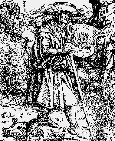 Een pelgrim met zijn hele uitrusting. Ets van Albrecht Drer (begin 16de eeuw).