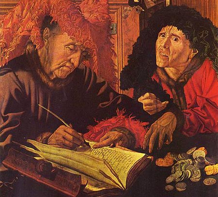 De kandidaat-pelgrim brengt zijn financile zaakjes in orde. Schilderij, M. van Reymerswaele, 1540. (Londen, National Gallery)