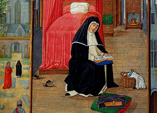 Een zuster bidt het brevier in haar kamer. Miniatuur (Gents-Brugse School), 1517. (Wenen, sterreichische Nationalbibliothek)