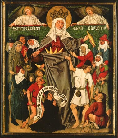 De Hongaarse H. Elisabeth van Thringen. Altaar-drieluik (detail), 1480 (Karslruhe, Staatliche Kunsthalle).