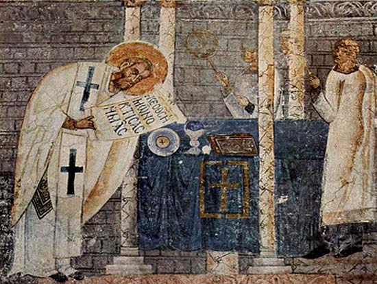 De H. Basilius de Grote. Fresco, 11de eeuw. Ohrid (Macedoni), Theotokos Peribleptos kerk.