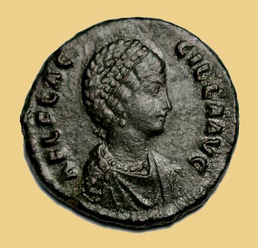 Muntstuk uit Antiochi met de afbeelding van keizerin Aelia Flacilla.