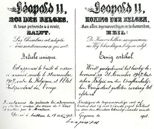 tekst in het Staatsblad, waarin Leopold II Congo overdraagt als kolonie aan Belgi