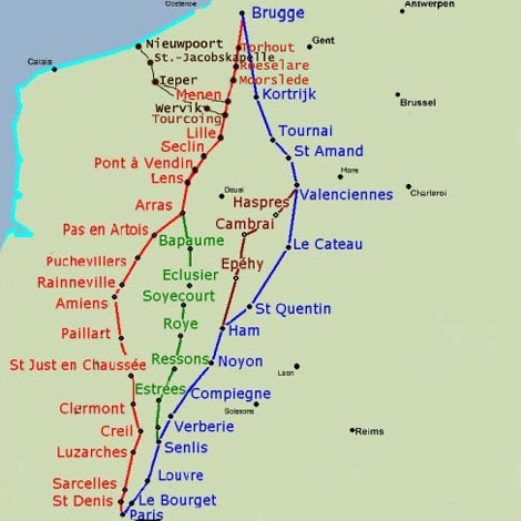 kaart met de pelgrimsroutes vanuit het huidige West-Vlaanderen