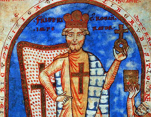 Keizer Frederik I Barbarossa. Miniatuur, 1188. Handschrift in de Vaticaanse Bibliotheek