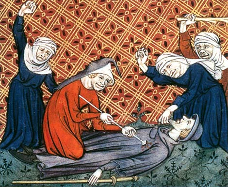 Aanval op bedevaarder met dodelijk afloop. Miniatuur, 1393. Parijs, Bibl. Ste.-Geneviève.