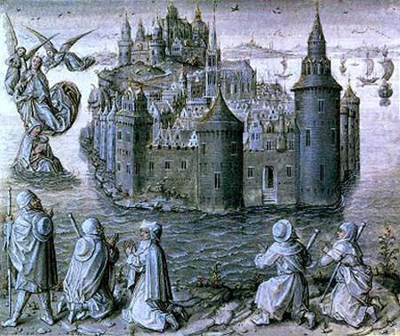 Aankomst van bedevaarders. Miniatuur, 1456. Parijs, Bibl. Nat.