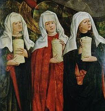 De 3 Maria's bij Jezus' lege graf. Nicolaus Haberschrack, 1470. Krakow, Naradowe Museum
