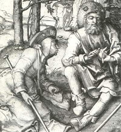 Pelgrimspaar. Lucas van Leyden. Ets, 1508. Parijs, Bibl. Nat.