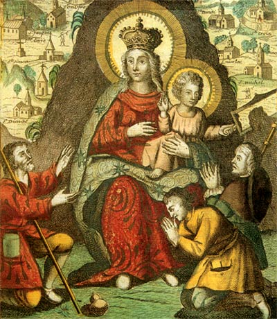 Bedevaarders bij het beeld van de H. Maagd van Montserrat. 1745.