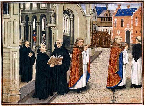 Processie met de relieken van de H. Hubertus. Loyset Liedet, miniatuur, 1463.