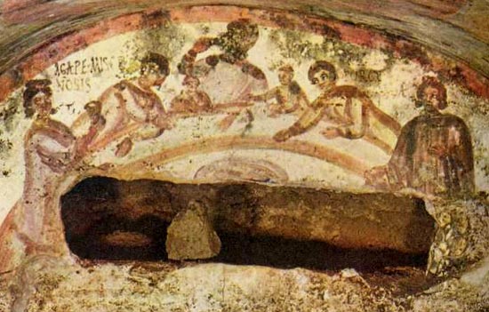 een christelijk liefdesmaal (=agapè) boven een graf. Rome, catacombe van de H. Marcellinus en Petrus (Via Labicana)