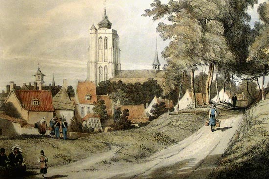 de St. Jacobskerk in Ieper. 19de-eeuwse kleurlitho van John David Glennie.