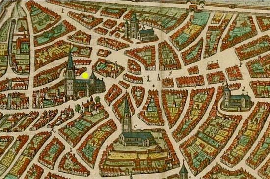de verdwenen O.L.Vrouwkathedraal van Cambrai (met gele stip). Fragment van een kaart van Braun & Hogenberg, 1588