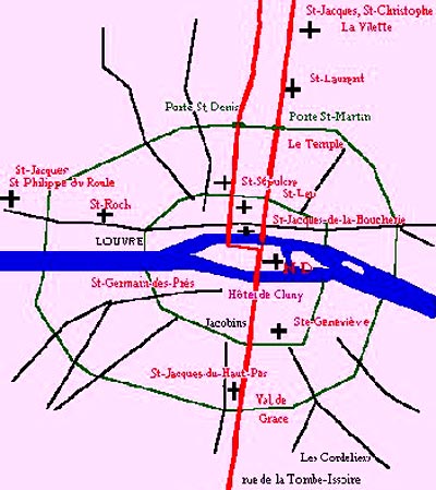 kaart met de pelgrimstrajecten doorheen Parijs