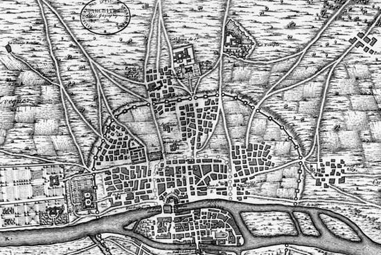 reconstructie-kaart van Parijs in 1223, gemaakt door J.-B. Bourguignon d'Anville in 1705. (Parijs, Bibl. Nat.)