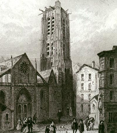 oude afbeelding van de kerk St. Jacques-de-la-Boucherie in Parijs.