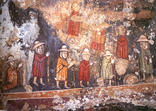 Pelgrims. Fresco, 14de eeuw. Sutri, Santa Madonna del Parto kerk