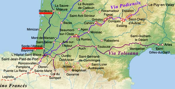 de 'Via Turonensis' vanaf Bordeaux tot aan de Pyreneeën