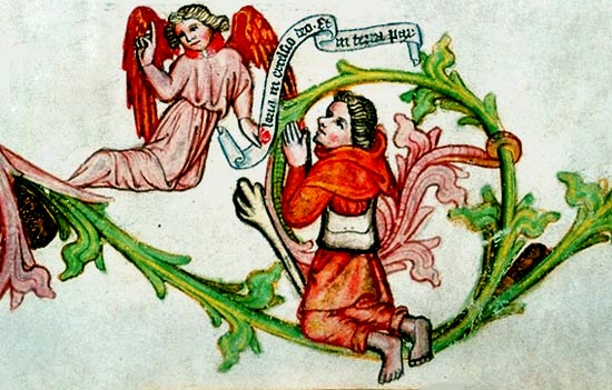 Mannelijke pelgrim in gebed, op blote voeten. Miniatuur, ca. 1400. Graz, Bibl. Univ.