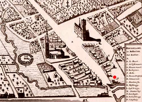 het gasthuis voor pelgrims (P, met rode stip aangeduid). Stadsplan van Sanderus, 1662