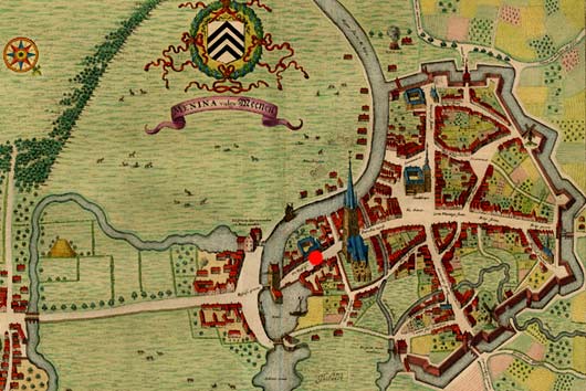 Menen in 1649. Het hospitaal is met rode stip aangeduid. Kaart van Joan Blaeu. A. Sanderus. Verheerlykt Vlaandre