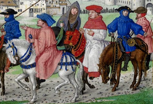 Stoet adellijke bedevaarders te paard naar Canterbury. Miniatuur, 1455. Londen, British Library.