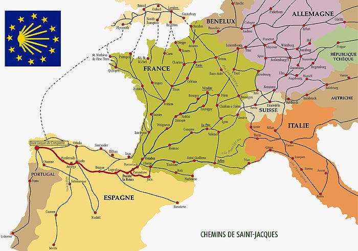 overzichtskaart van de Europese Compostela-pelgrimsroutes