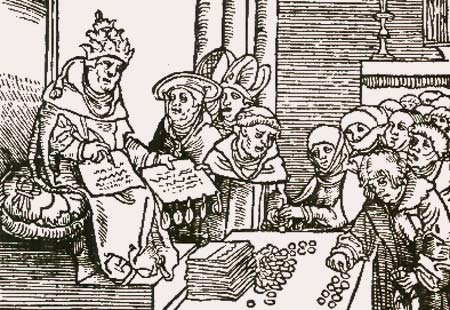 Aflatenhandel voor de bekostiging van de nieuwe St.-Pietersbasiliek. Spotprent. Houtsnede, 1521