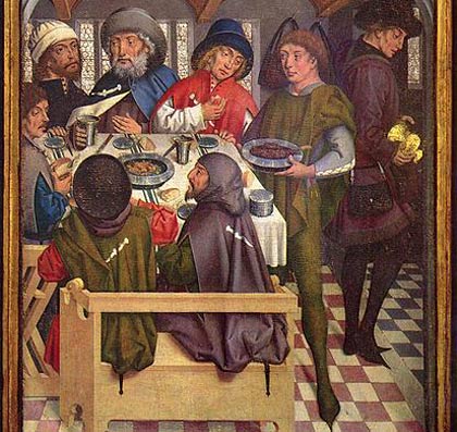 Compostelagangers in een herberg. Friedrich Herlin, 1466. Rothenburg ob der Tauber, St. Jaobskerk