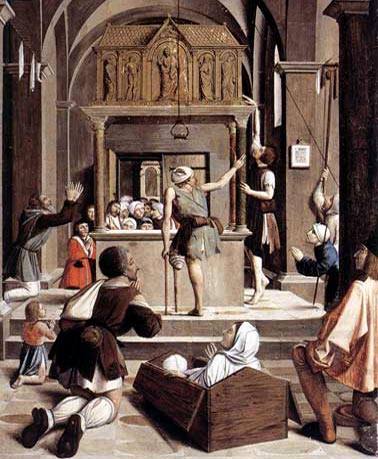 zieken verdringen elkaar rond reliekschrijn. Provencaalse Meester, 15de eeuw. Rome, Gall. Nazionale, Palazzo Barberini
