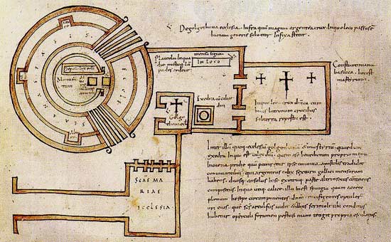 oudst bekende plattegrond van de H. Grafkerk in Jeruzalem. Arculfus, De Locis Sanctis, 690
