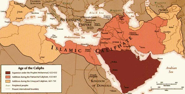 verbreiding van de islamtische Kalifaten rond de Middellandse Zee