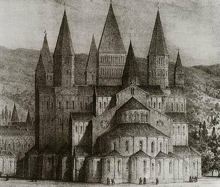 de abdijkerk van Cluny in de 16de eeuw. Lithografie van Emile Sagot. Parijs, BN