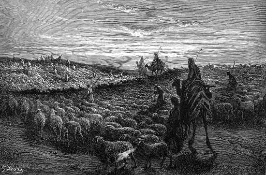 Abraham's reis vanit Ur naar het onbekende Kanaän. Gustave Doré, ets, 1866