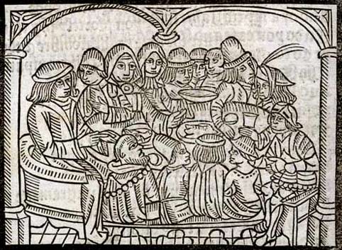 pelgrims rond de tafel in een gasthuis onderweg. Houtsnede. Geoffrey Chaucer. Canterbury Tales, 1492