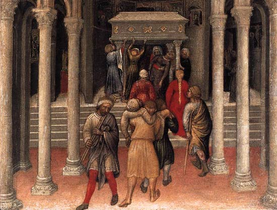 pelgrims bij de graftombe van St. Niklaas in Bari. Gentile da Fabriano, 1425. Washington, National Gallery